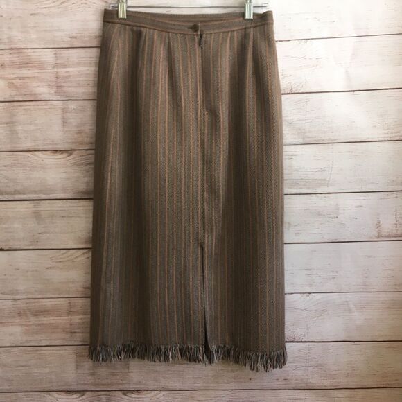 BENARD HOLTZMAN 100% WOOL HERRINGBONE MIDI SKIRT WITH‎ FRINGE HEM - Picture 6 of 6